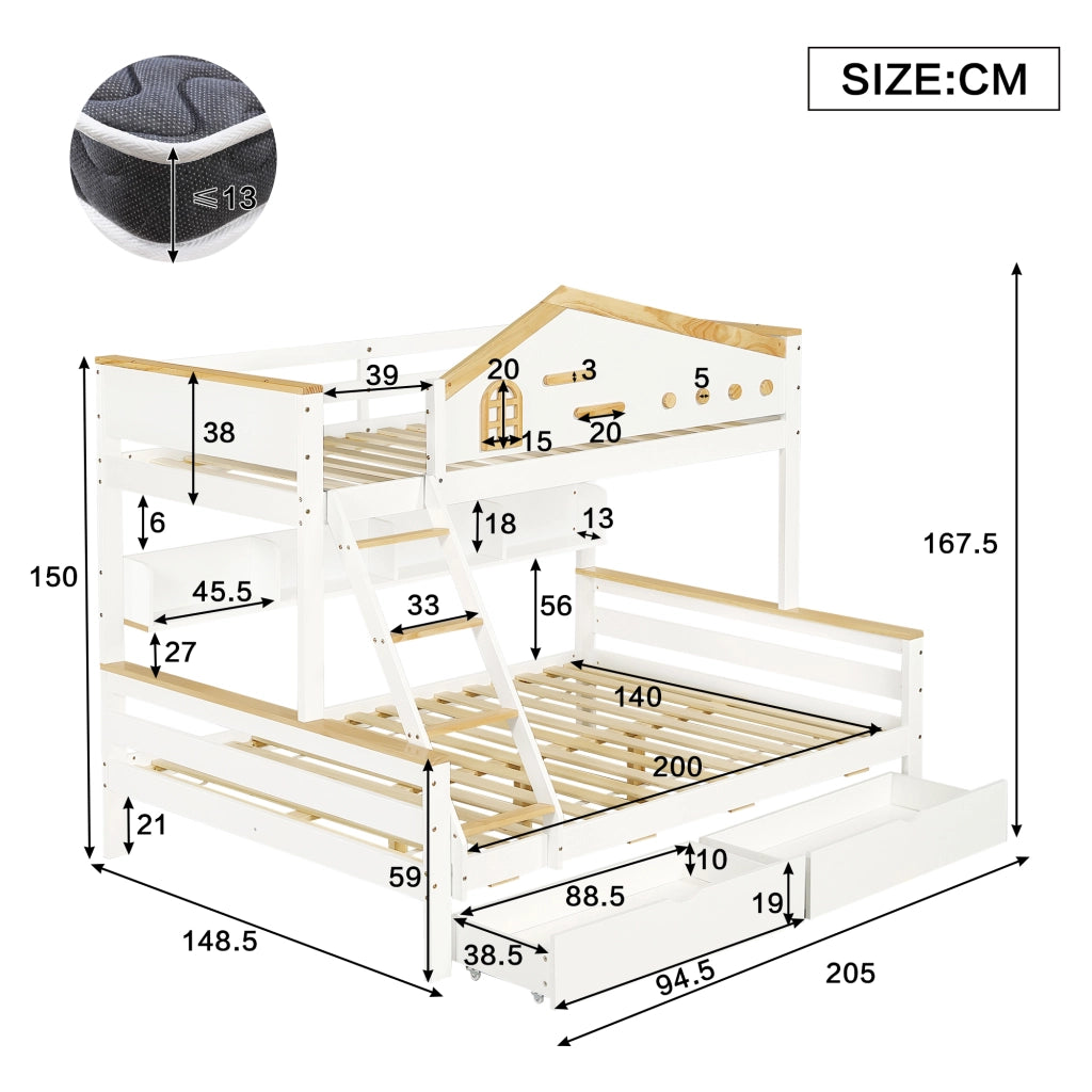 LETTO a castello con finestre, 2 cassetti, 205x148,5x167,5 cm, Bianco/Naturale