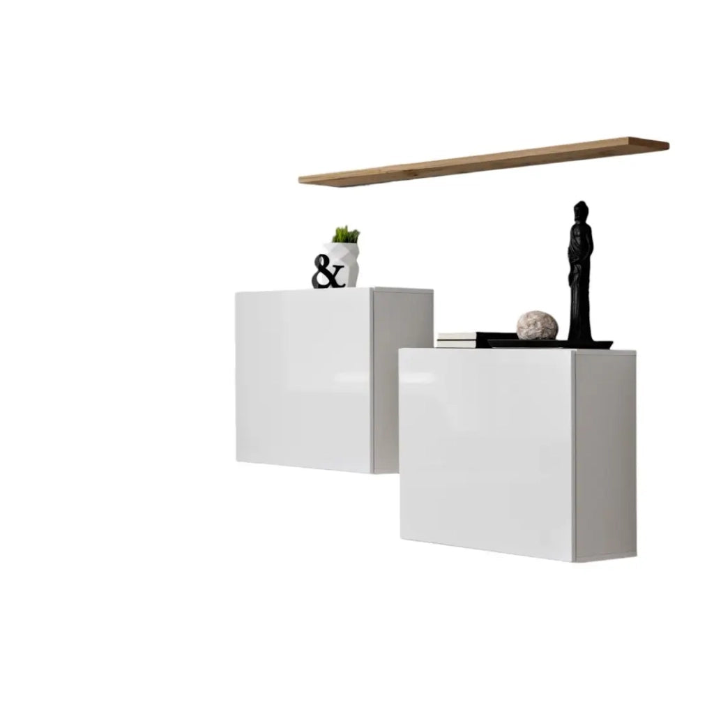 Set di mobili da soggiorno SWITCH SBI design, colore bianco lucido e scaffale in rovere Wotan.