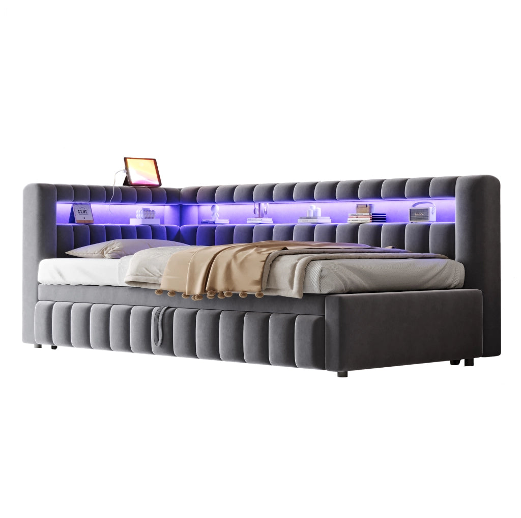 Letto imbottito estraibile 90x200 cm con LED e ricarica USB-C