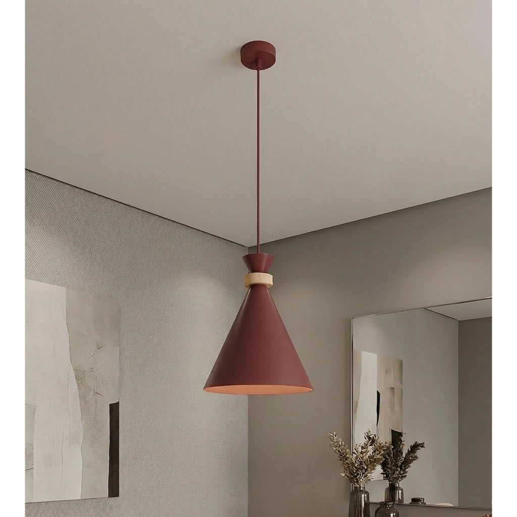 Lampada a sospensione Zero bordeaux con inserti in legno