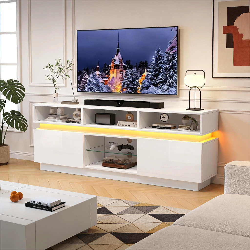 Mobile porta TV con LED e 10 vani contenitore ante lucide per soggiorno in MDF e vetro bianco 160 × 35 × 60 cm