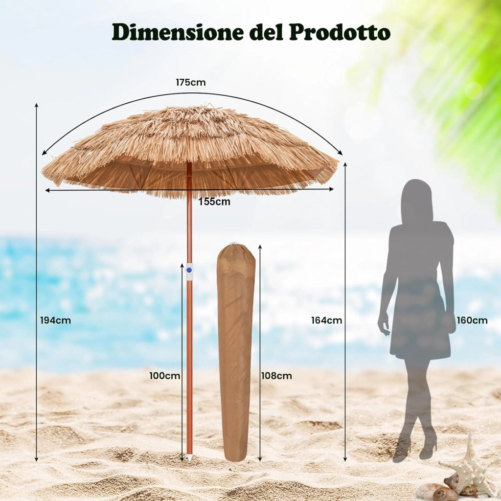 Ombrellone da Spiaggia di Paglia, Ombrellone da Giardino 175 cm con Borsa e Design Inclinabile, Ombrellone da Esterno Portatile per Spiaggia Giardino Balcone Mare