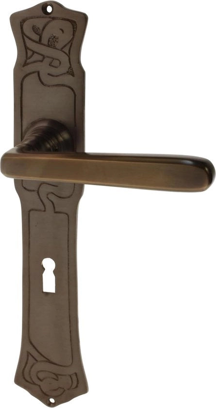 Ferramenta di chiusura per porta interna in ottone, patinata scura.