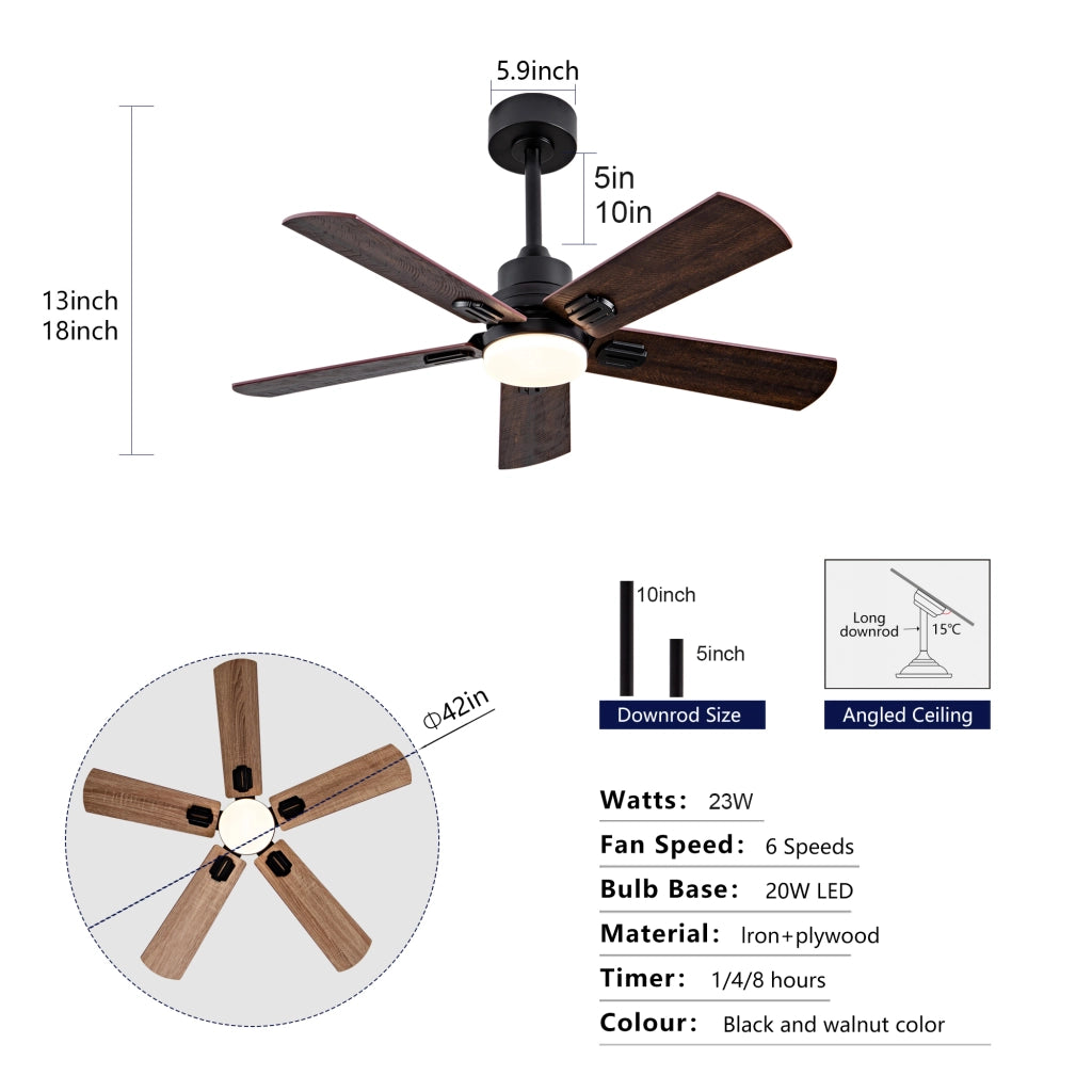Ventilatore da soffitto nero da 42 pollici con luce LED dimmerabile, 6 velocità, timer e pale reversibili