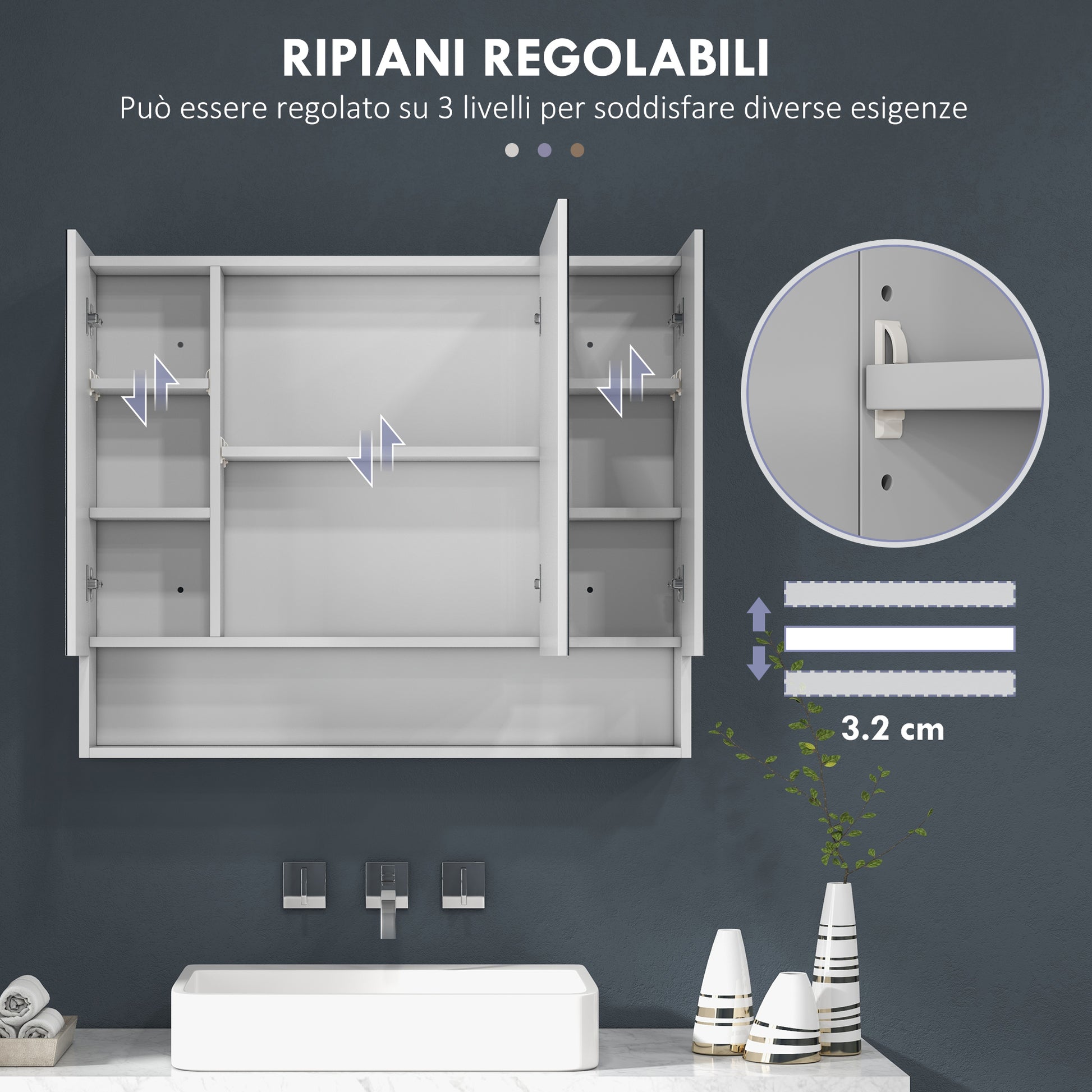 Armadietto da Bagno 90x15x75 cm con Specchio 3 Ante Soft Close e Ripiani Regolabili in MDF Bianco