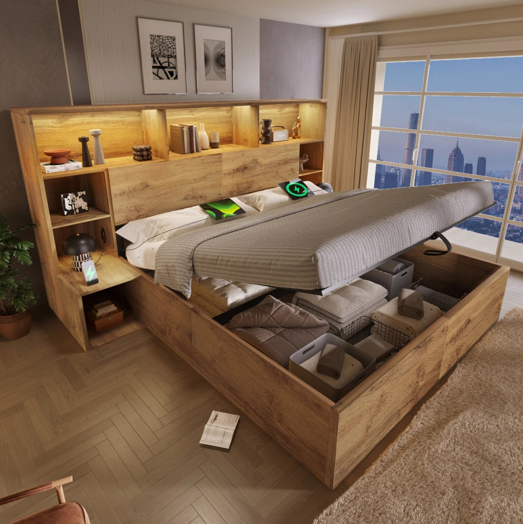 Letto contenitore 180x200 cm effetto rovere con comodini, LED e USB-C
