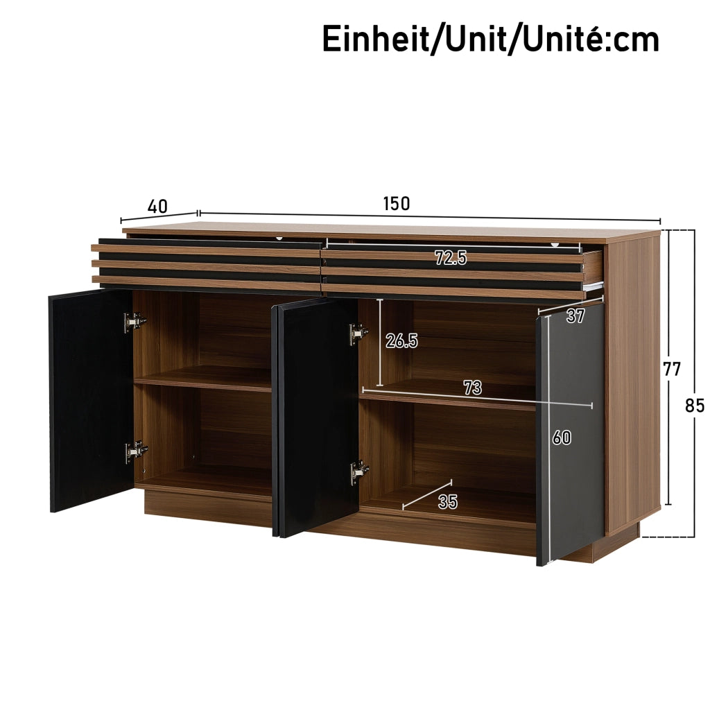 Credenza con 2 cassetti e 4 ante con ripiani regolabili per soggiorno; sala da pranzo e cucina; 150×40×85 cm