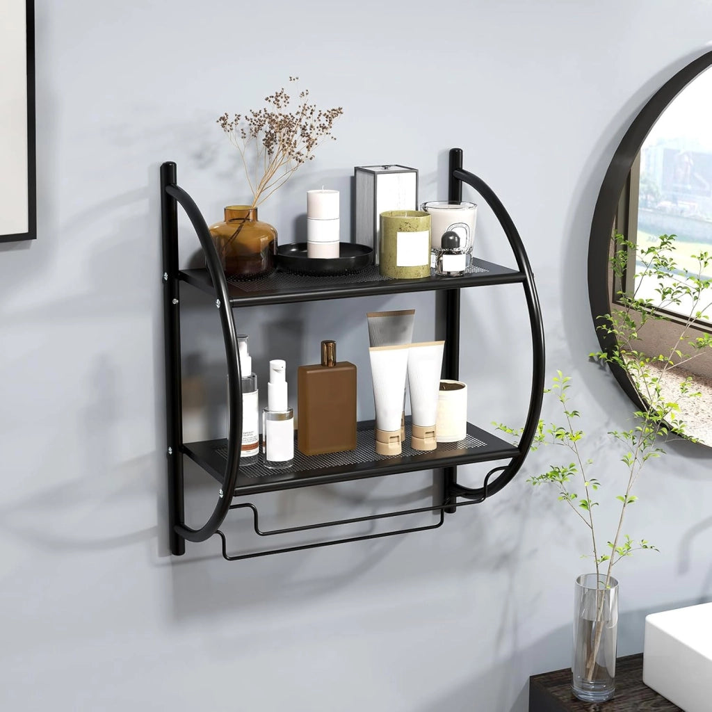 Porta Asciugamani Bagno da Parete, Mensola Bagno Doccia, Montaggio a Parete, con 2 Ripiani e 2 Portasciugamani, per Asciugamani, Antiruggine，45x25,5x55 cm (Nero)