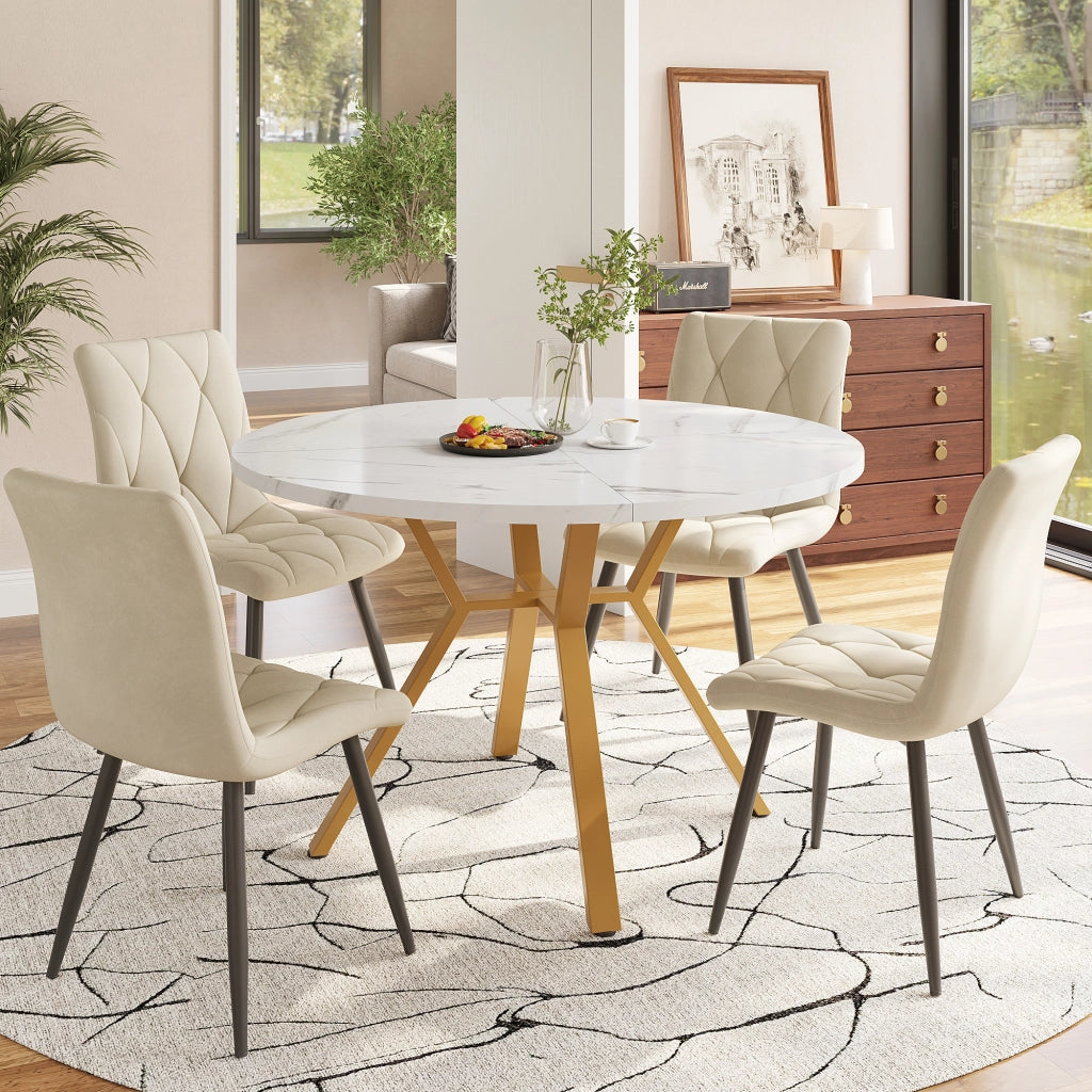 Tavolo da Pranzo Rotondo con 4 Sedie ¨C MINIMAL ¨C Piano Effetto Marmo, Gambe Metallo Oro, Sedute Velluto Beige