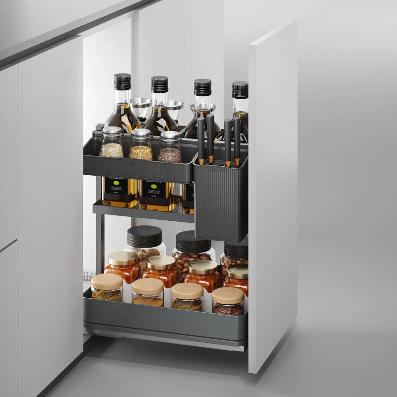 Portabottiglie laterale estraibile Harmony con chiusura soft, Modulo larghezza 200mm altezza 800mm, Acciaio e Legno, G..