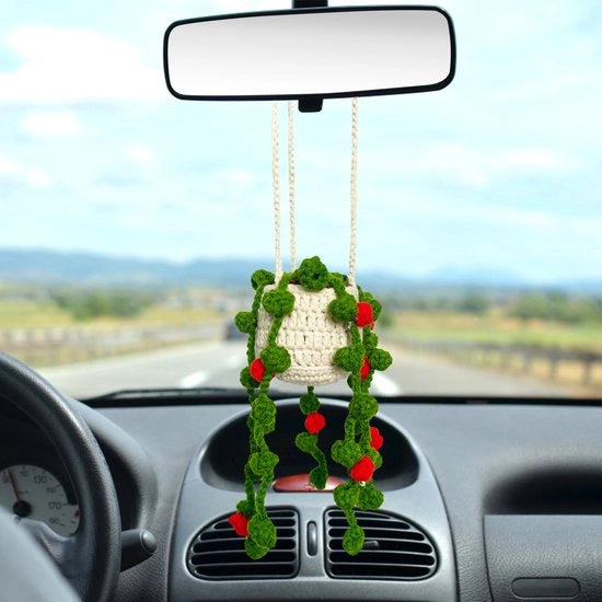 Decorazione per auto con pianta appesa, carina decorazione per auto, accessori per specchiello retrovisore, ornamento per specchietto retrovisore, hanger boho artigianale a maglia per auto.