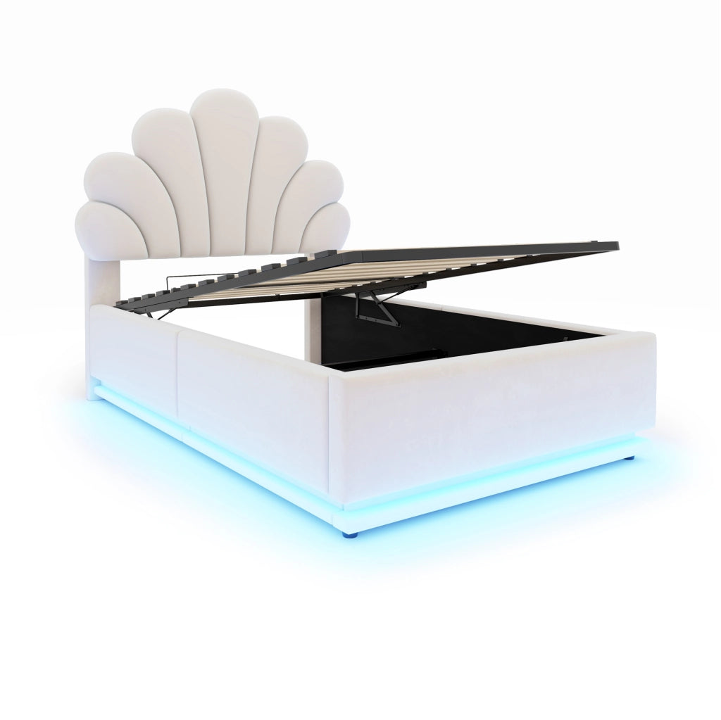 Letto imbottito 90x200 beige con vano contenitore e LED