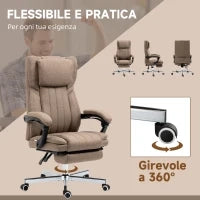 Sedia da Ufficio Massaggiante con Poggiapiedi e Telecomando, in Tessuto Effetto Lino, 65x61x108-118 cm, Marrone