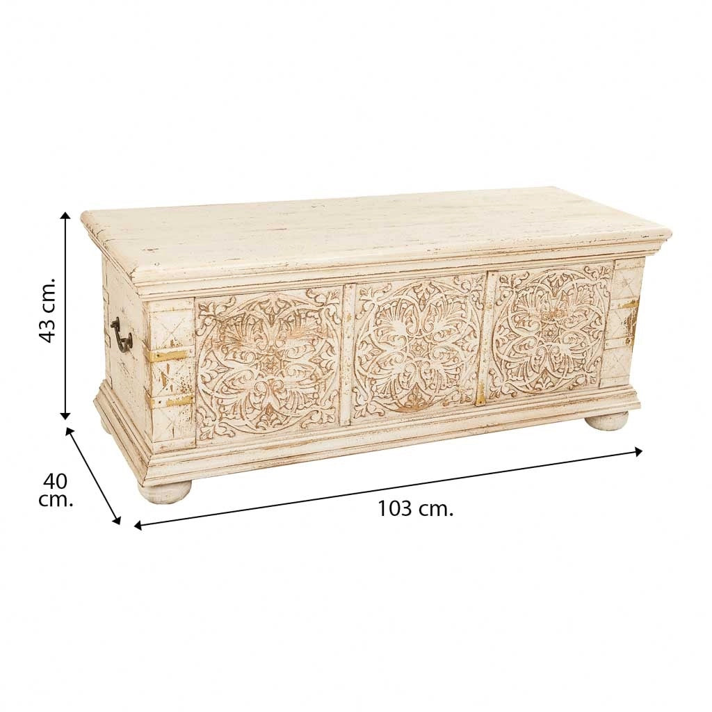 Cassapanca legno intagliato beige 103x40x43h cm
