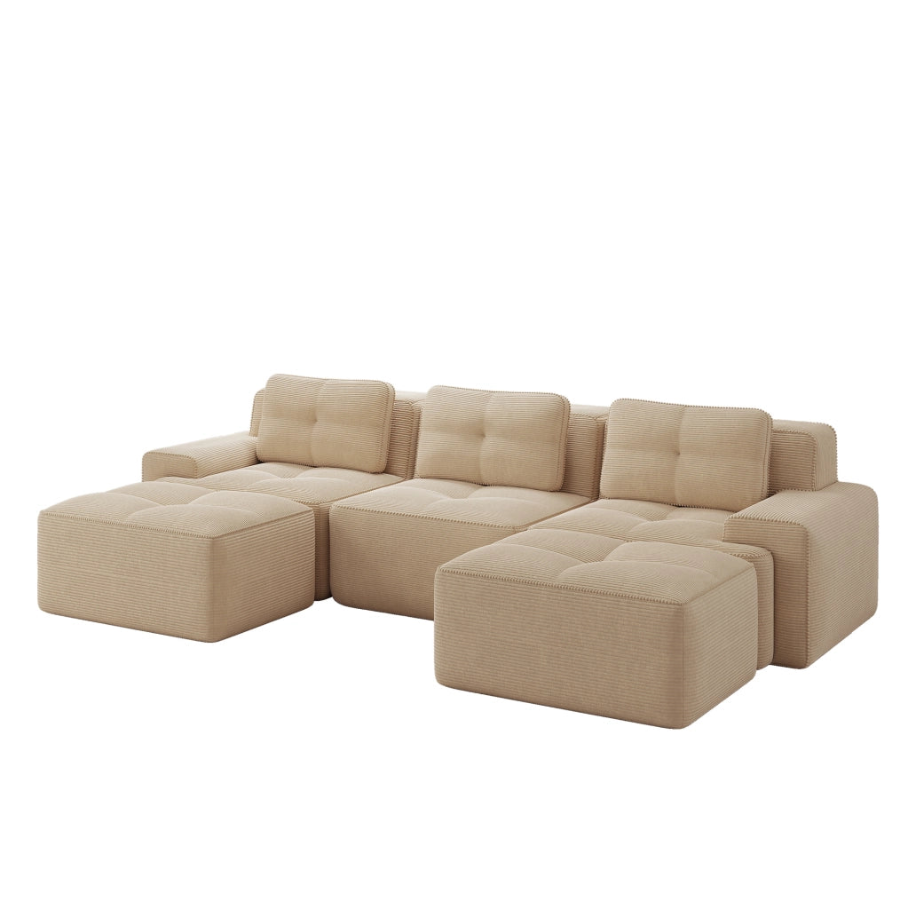 Divano modulare cloud in corduroy con pouf; 293x177x69 cm; beige