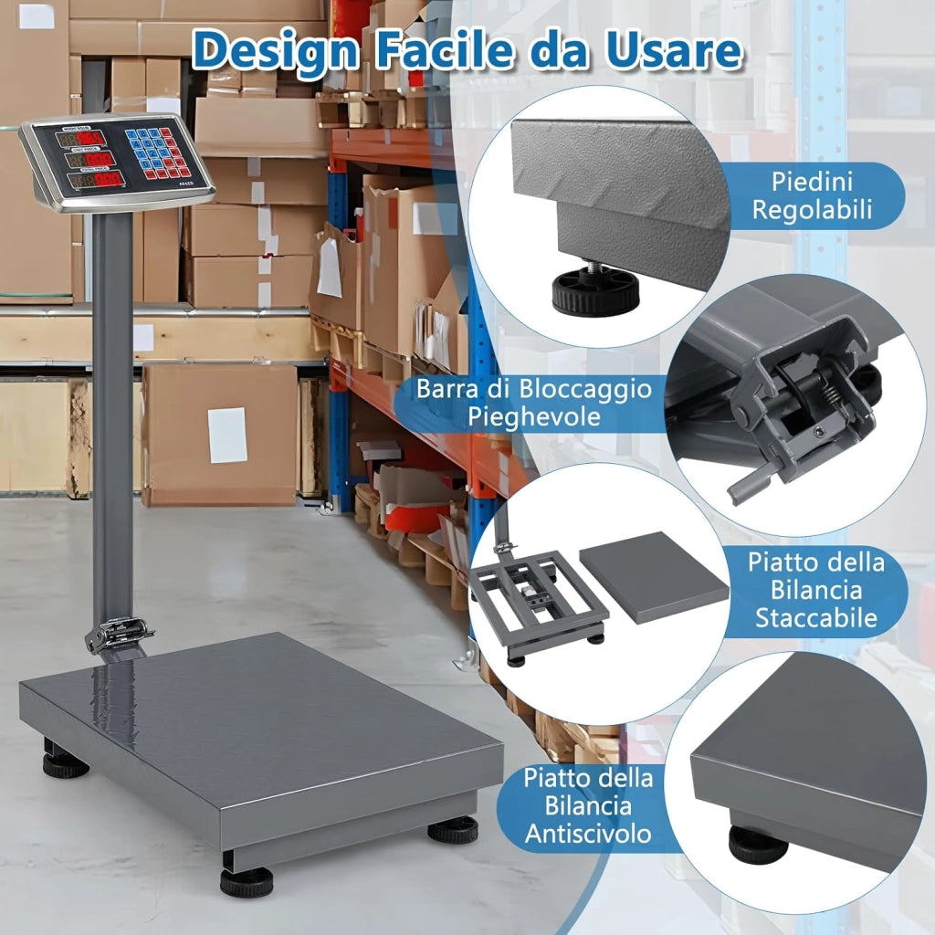Bilancia Digitale a Piattaforma 300 kg, Bilancia a Pavimento con Calcolatrice Integrata, Conversione Unità LB/KG, per Negozio Azienda Fabbrica (Argento)