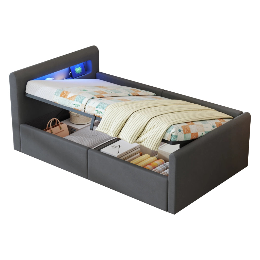 Letto 90x200 cm - Letto imbottito,Con luce notturna,Porta di ricarica USB,Con vani portaoggetti,Velluto,Funzione di accumulo idraulico,Grigio scuro
