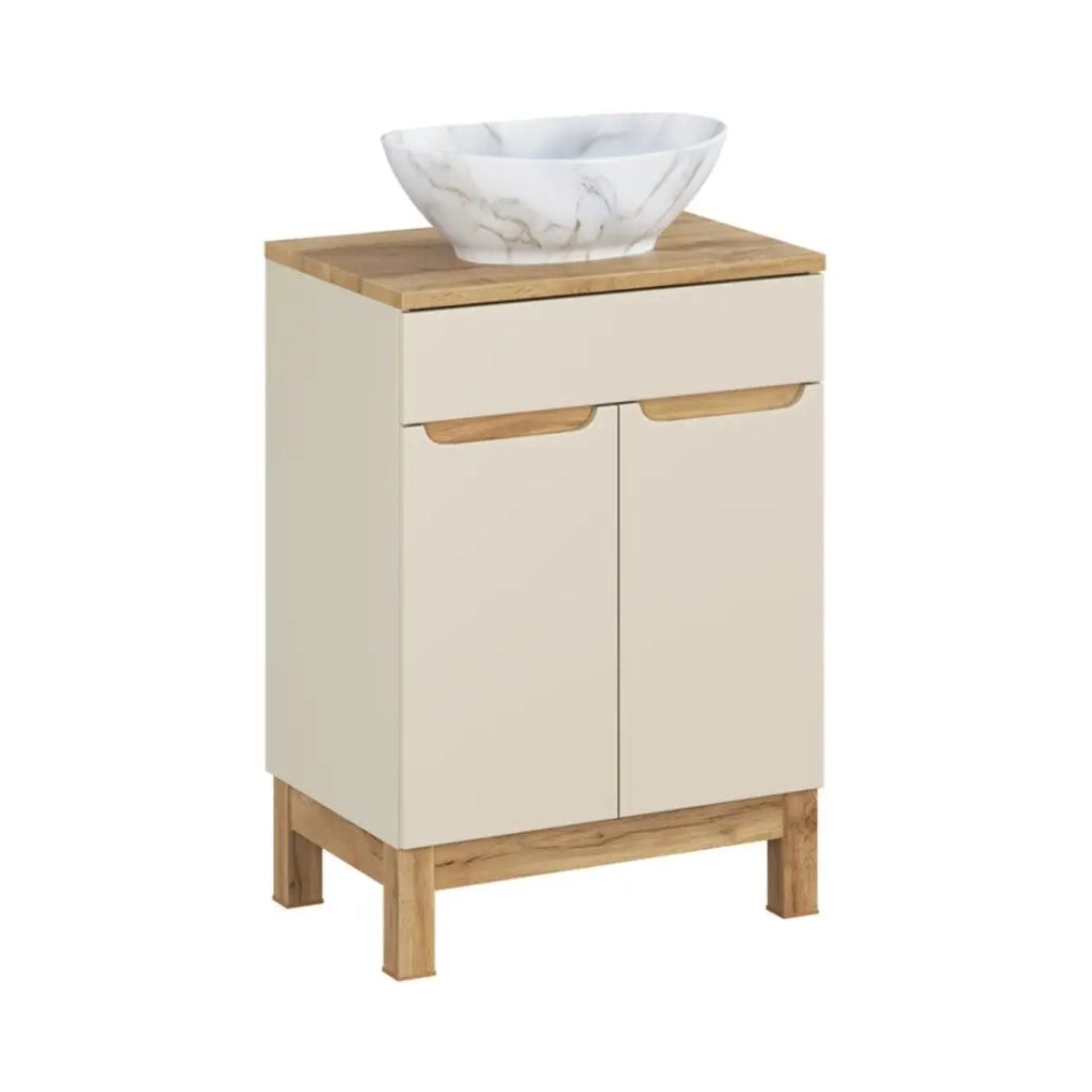 Set da bagno ERMANO cashmere 60cm: mobile sottolavabo + piano per lavabo + lavabo da appoggio bianco marmorizzato