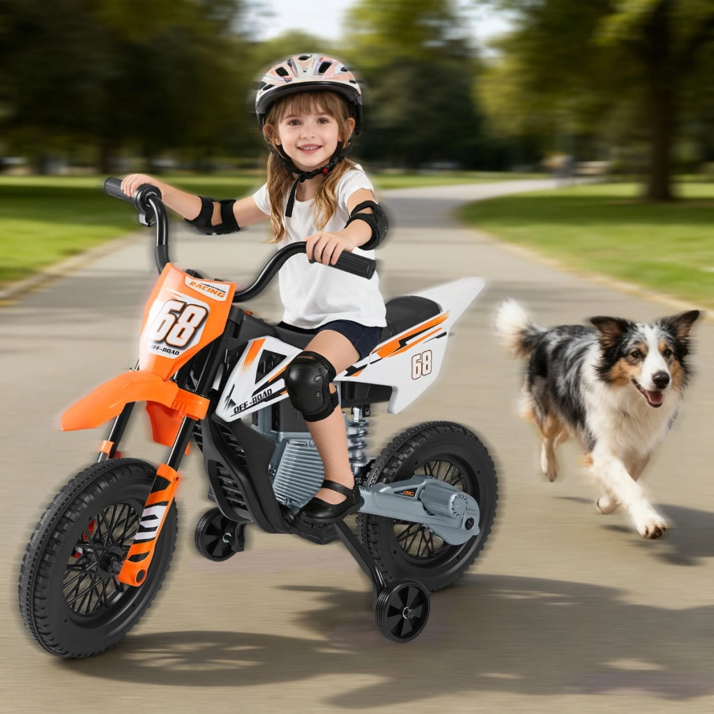 Moto per bambini 12v con ruote di allenamento rimovibili e sospensione a molla, Moto motorino a batteria con musica Arancione-Moto elettriche