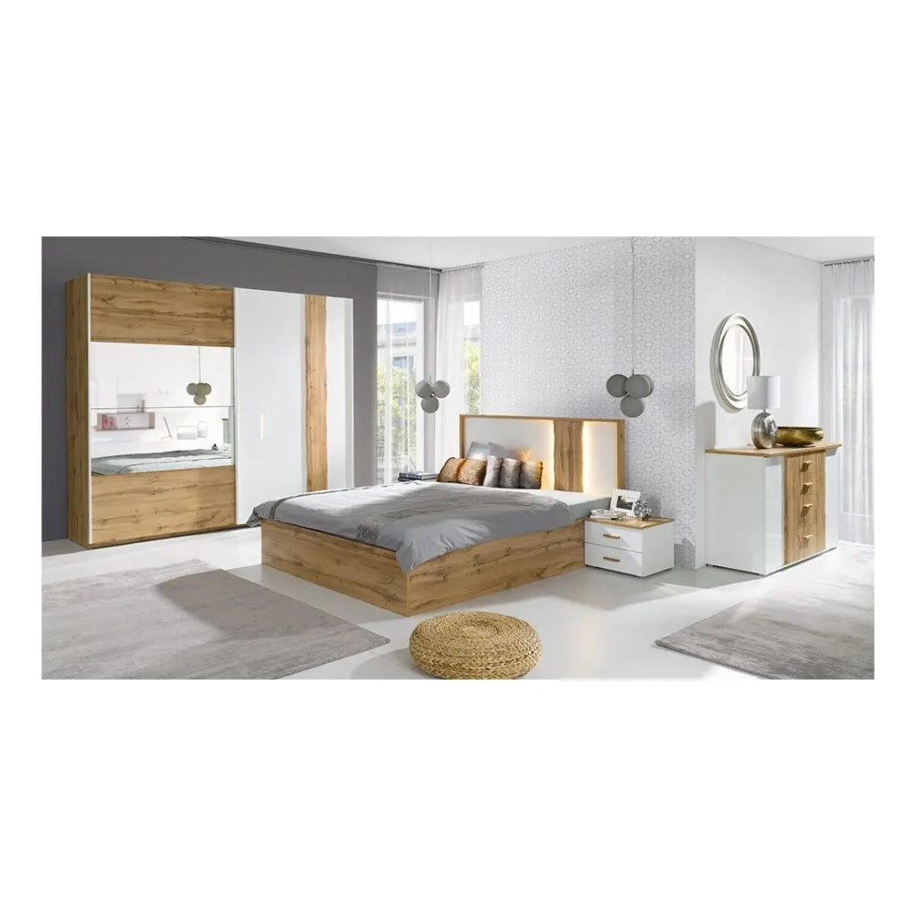 Camera WOOD color noce e bianco con letto 160x200 LED, comò, comodini e armadio