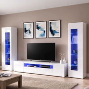 Parete attrezzata da soggiorno Aslhey, Made in Italy, Mobile porta TV, Set salotto moderno, cm 300x40h162, Bianco lucido, con luce LED blu