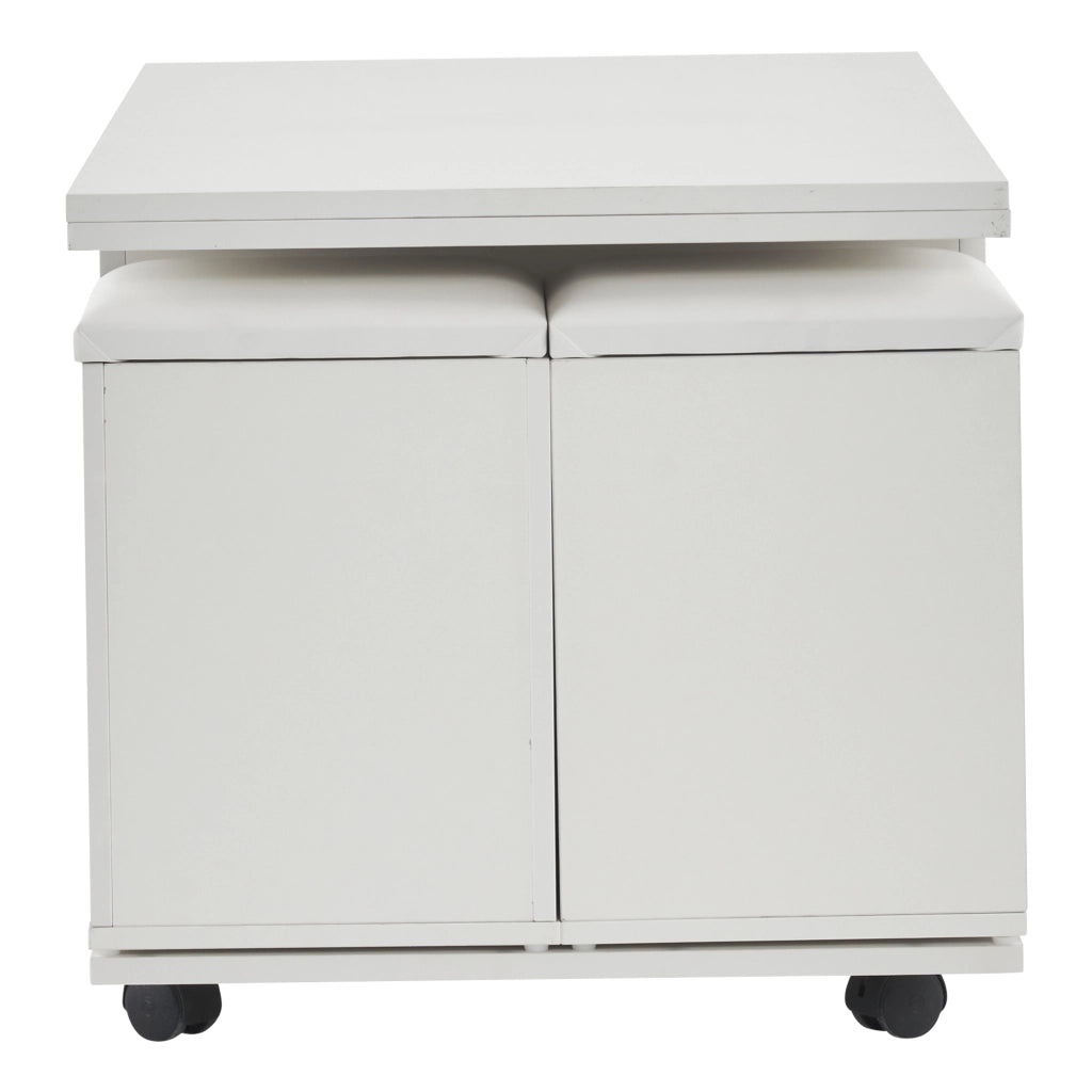 Tavolino da salotto 100x100x63.5 cm; piano regolabile con 4 sgabelli; truciolare bianco