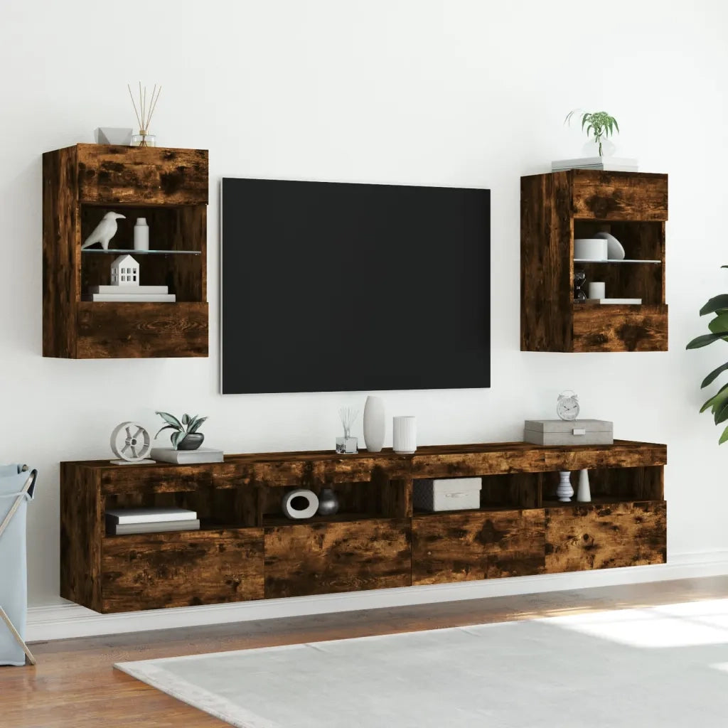 Mobile TV a Parete con Luci LED-Mobile TV a Muro Rovere Fumo 40x30x60,5 cm