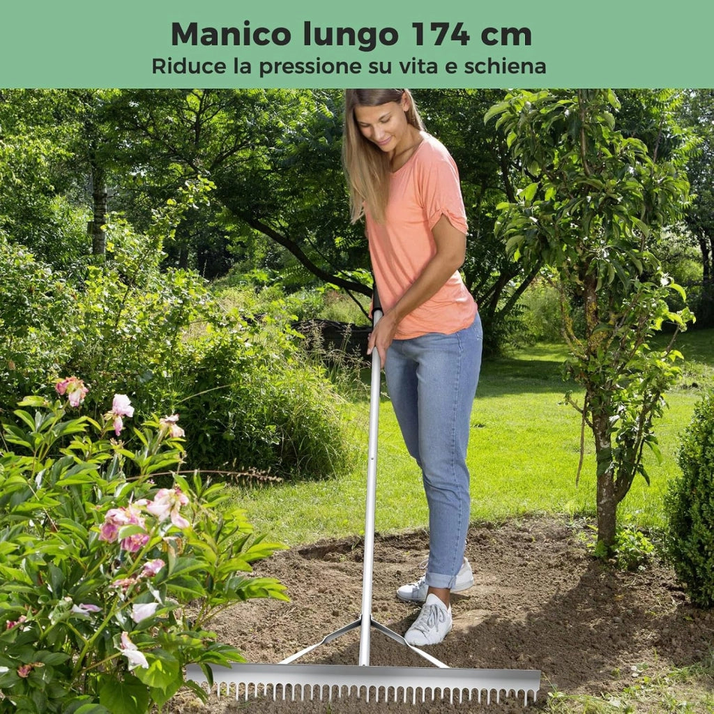 Rastrello da Giardino, Rastrello in Alluminio con Testa Larga 91 cm, 36 Denti, Manico Lungo 174 cm, per Allentare il Terreno, Cura del Prato, Cura del Lago Stagno Spiaggi