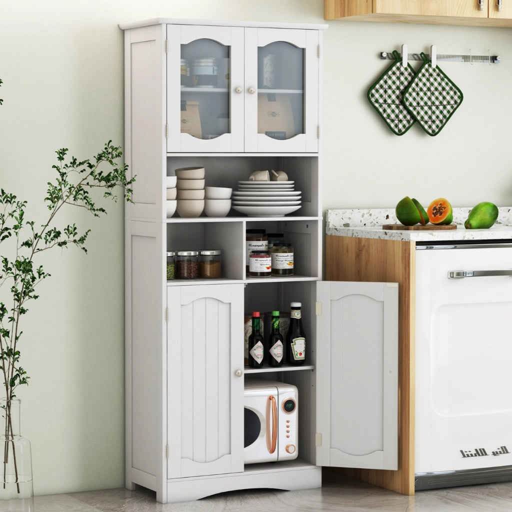 Mobile da bagno alto 148,5cm con porte in vetro satinato e ripiani-Mobile autonomo per cucina soggiorno ufficio Bianco