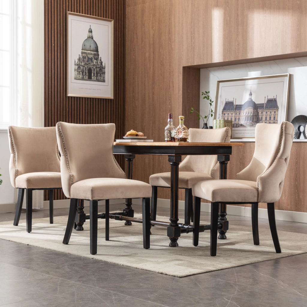 Sedie da Pranzo Imbottite in Velluto ¨C MINIMAL ¨C Beige, Gambe in Legno Massello, Set 4 Pezzi