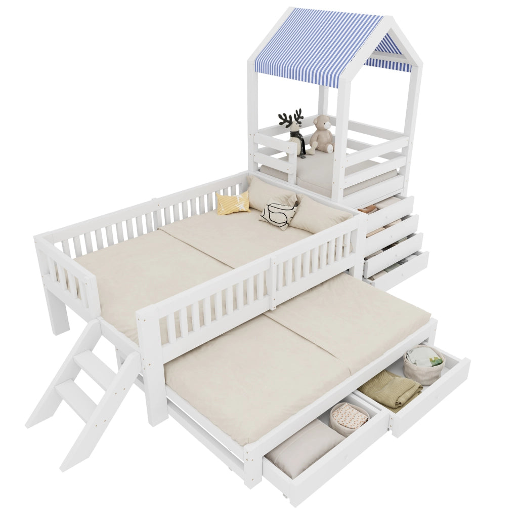 Letto per bambini a casetta 90x200 cm con letto estraibile; scala laterale e cassetti; bianco in legno massello