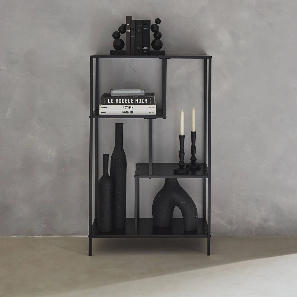 Libreria asimmetrica in metallo nero con 4 ripiani, nero