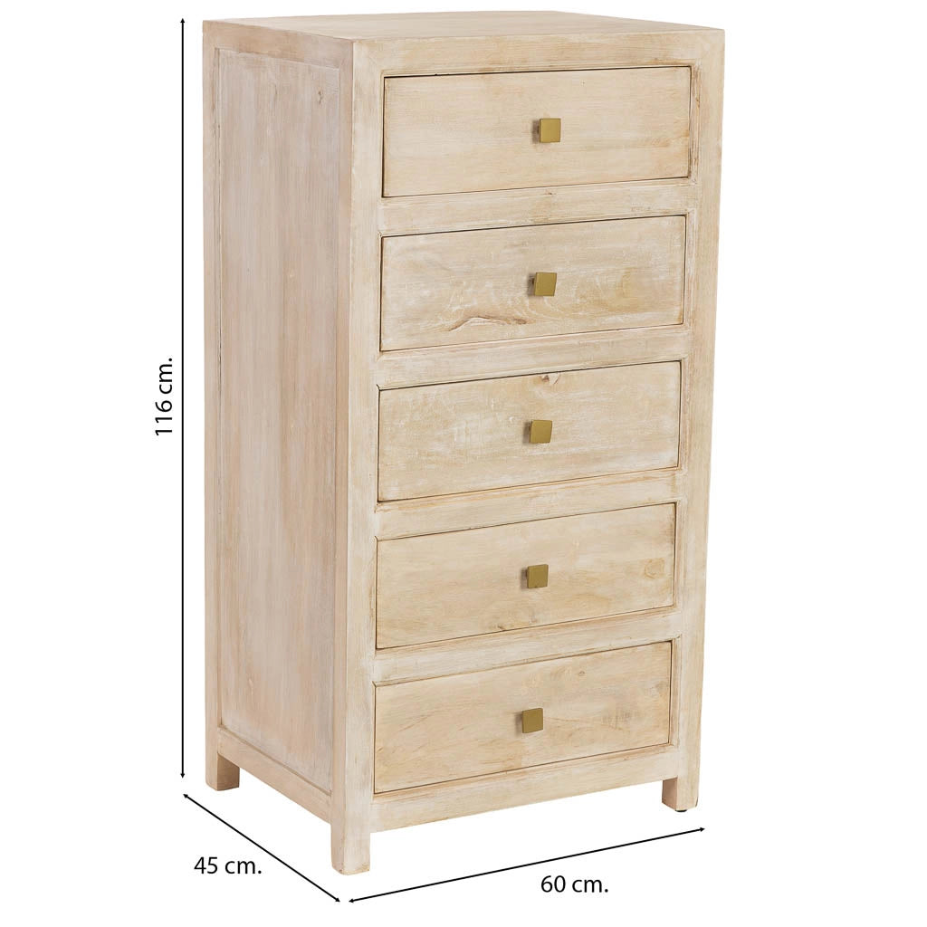 Settimanile in legno beige con 5 cassetti 60x45x116h cm