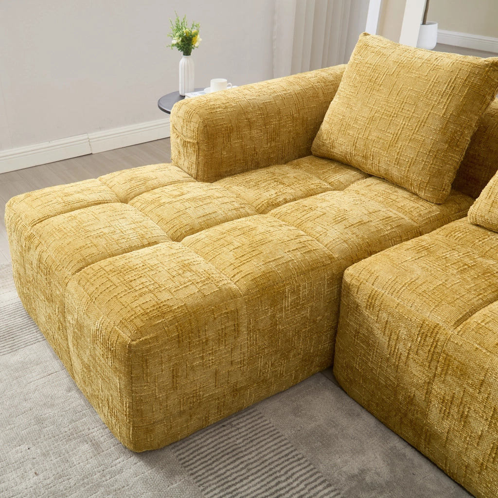 OKWISH Divano ad Angolo 3 Posti, Modulare con Chaise Longue e Tasche Laterali, Ciniglia, Giallo, 250 × 158 × 60 cm