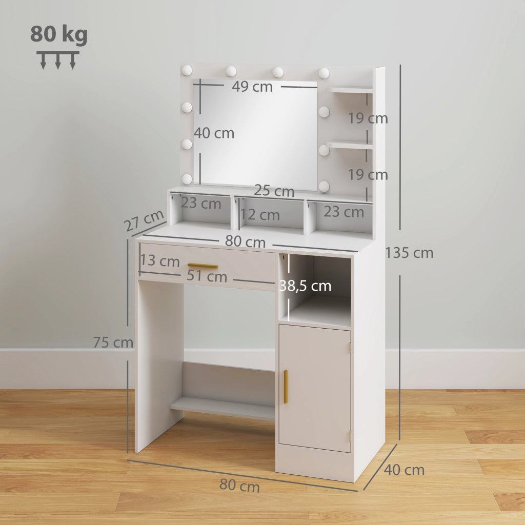 Toeletta con specchio e 10 luci LED ¨C Xylo ¨C Cassetto, anta, ripiani, 80x40x135cm, bianco