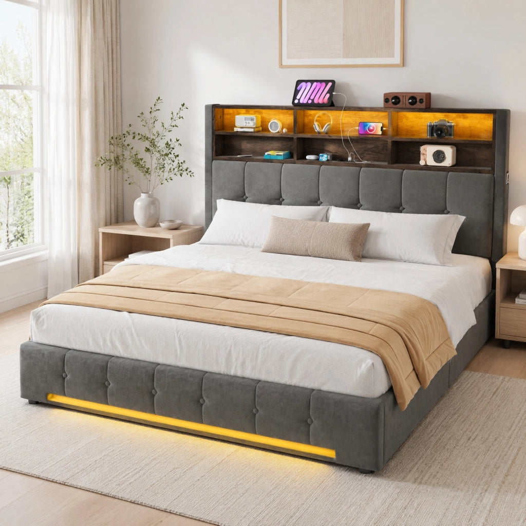 LETTO Contenitore 180x200 cm in velluto grigio scuro con LED, USB-C e testiera multifunzione