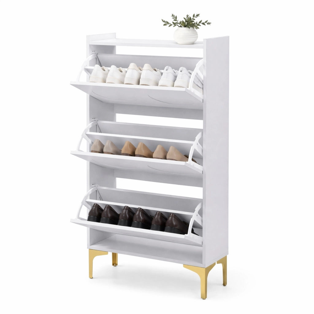 Scarpiera moderna a 3 ante con vani chiusi; 63x24x120 cm in MDF bianco con gambe dorate