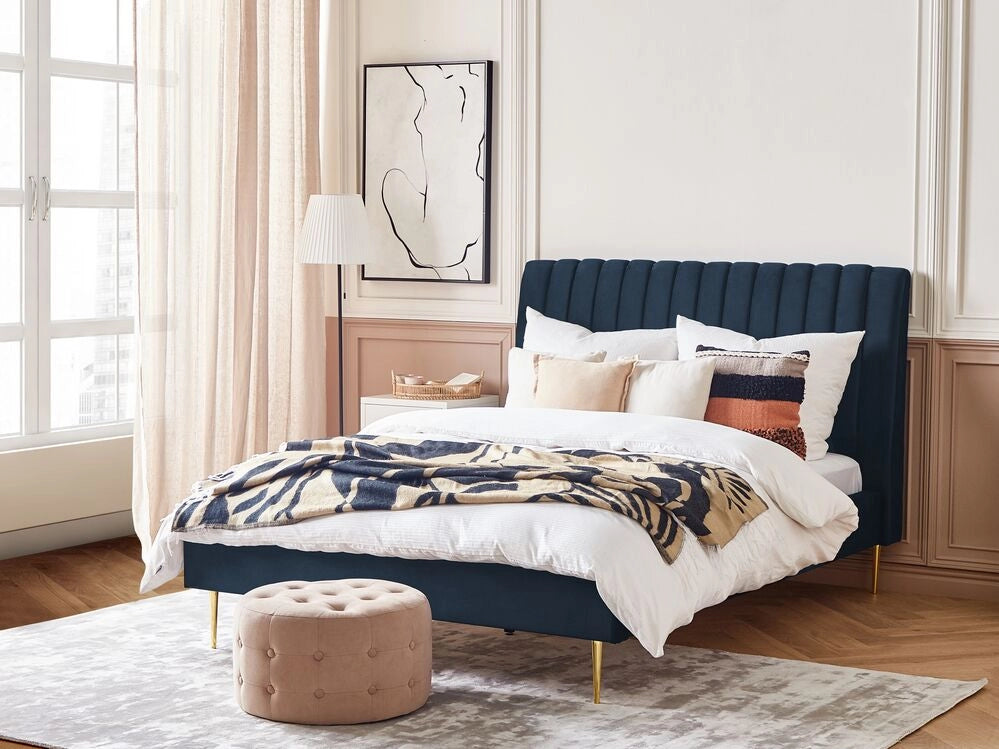 Letto imbottito velluto blu scuro e oro rete a doghe testiera alta 140 x 200 cm testata alta design retrò