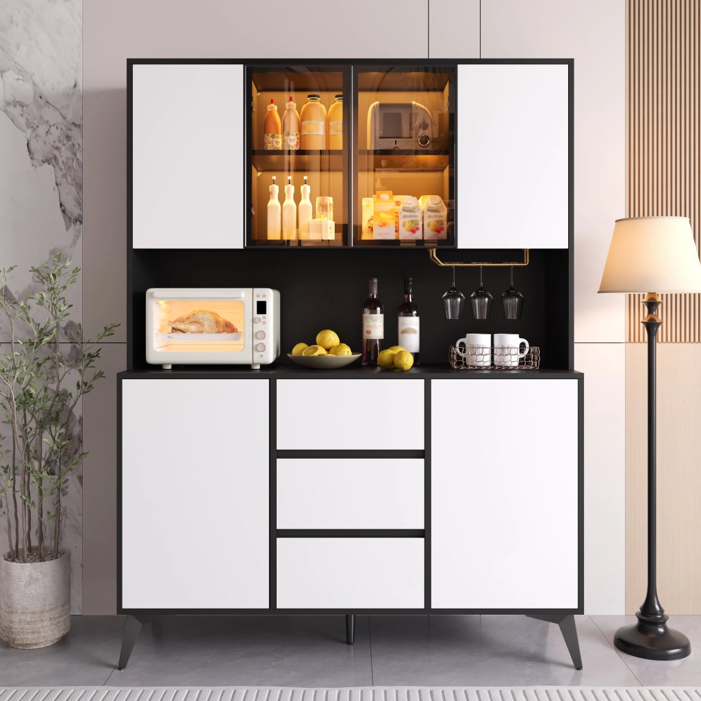 Hochschrank con vetrina in vetro, LED regolabile via app, 2 ante, 3 cassetti, MDF nero e bianco