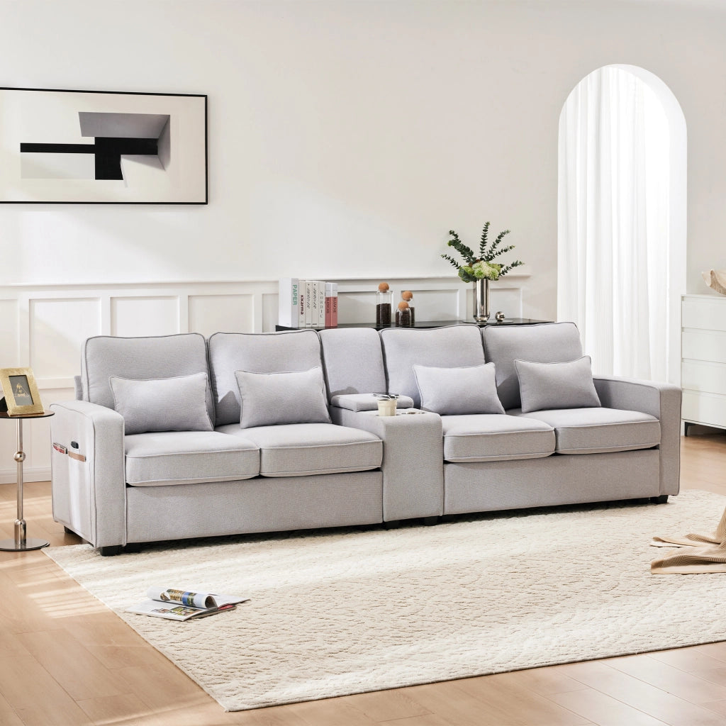 OKWISH Divano Lineare 4 Posti con Consolle, 2 Portabicchieri, 2 Porte USB, Tasche Laterali, Lino Grigio