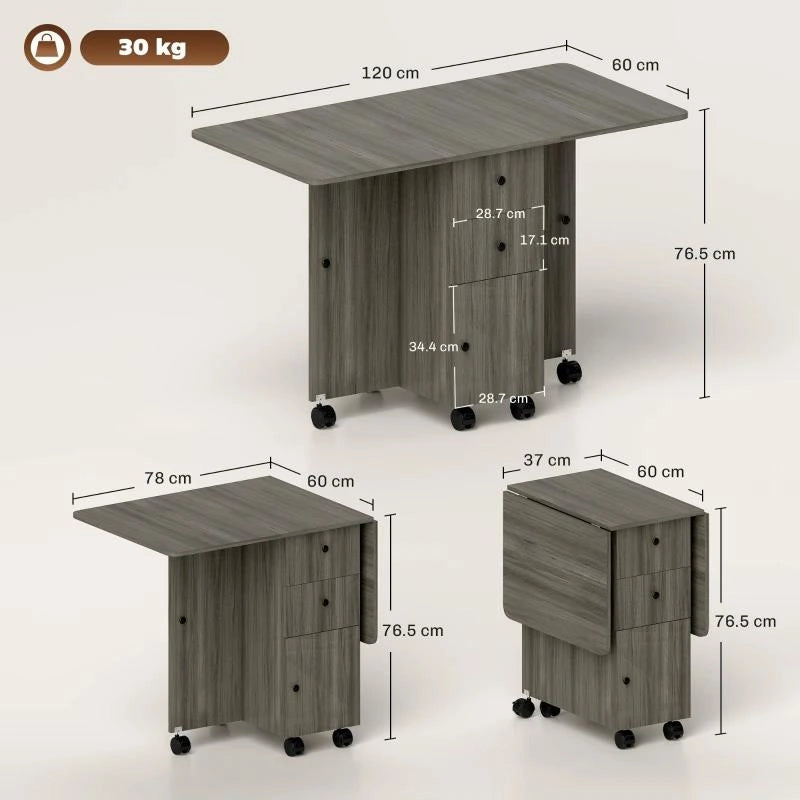 TAVOLO A RIBALTA A 6 ROTELLE CON 2 CASSETTI E ARMADIETTO AD ANTE, IN LEGNO, 120X60X76.5 CM, GRIGIO