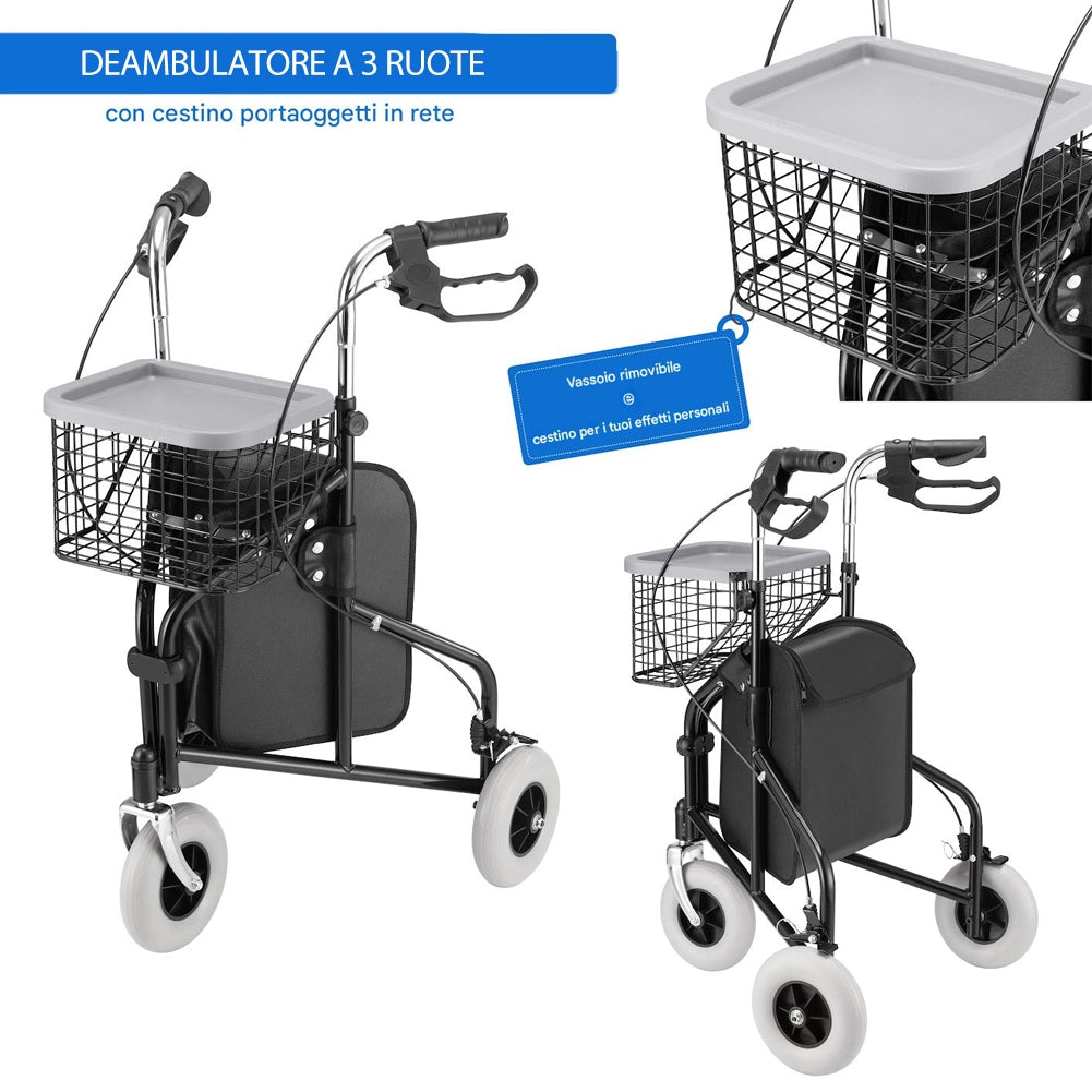 Deambulatore a 3 Ruote e Carrellino per Anzini Disabili Persone Mobilità Ridotta