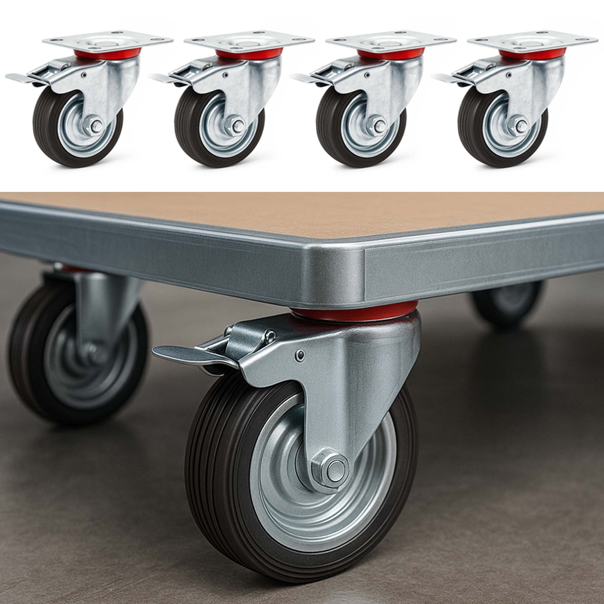 Set 4 ruote piroettanti, freno doppio blocco, Rotella 75mm max 50kg, metallo e gomma piena