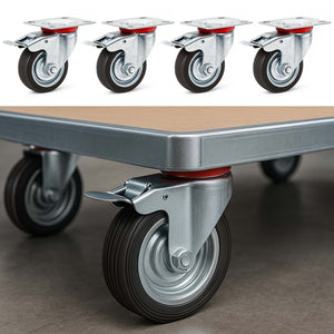 Set 4 ruote piroettanti, freno doppio blocco, Rotella 75mm max 50kg, metallo e gomma piena
