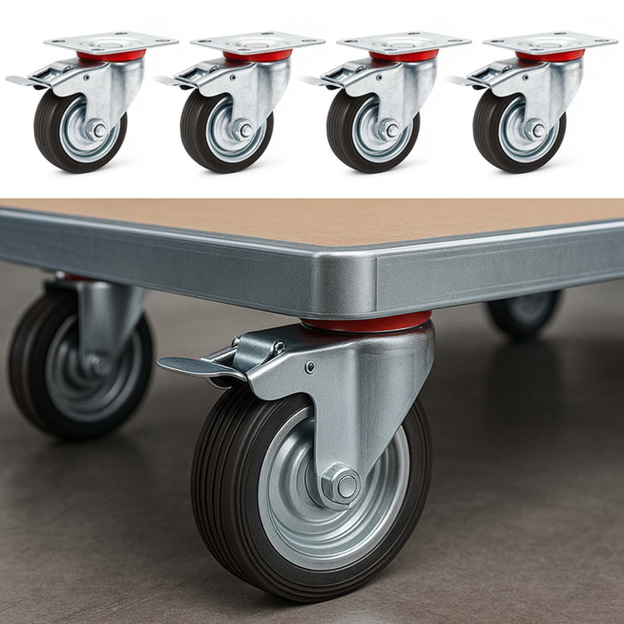 Set 4 ruote piroettanti, freno doppio blocco, Rotella 75mm max 50kg, metallo e gomma piena