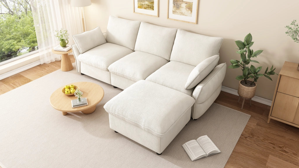 Divano angolare in chenille con pouf e 2 cuscini, struttura in schiuma elastica beige 222,5 × 154,5 × 76,5 cm