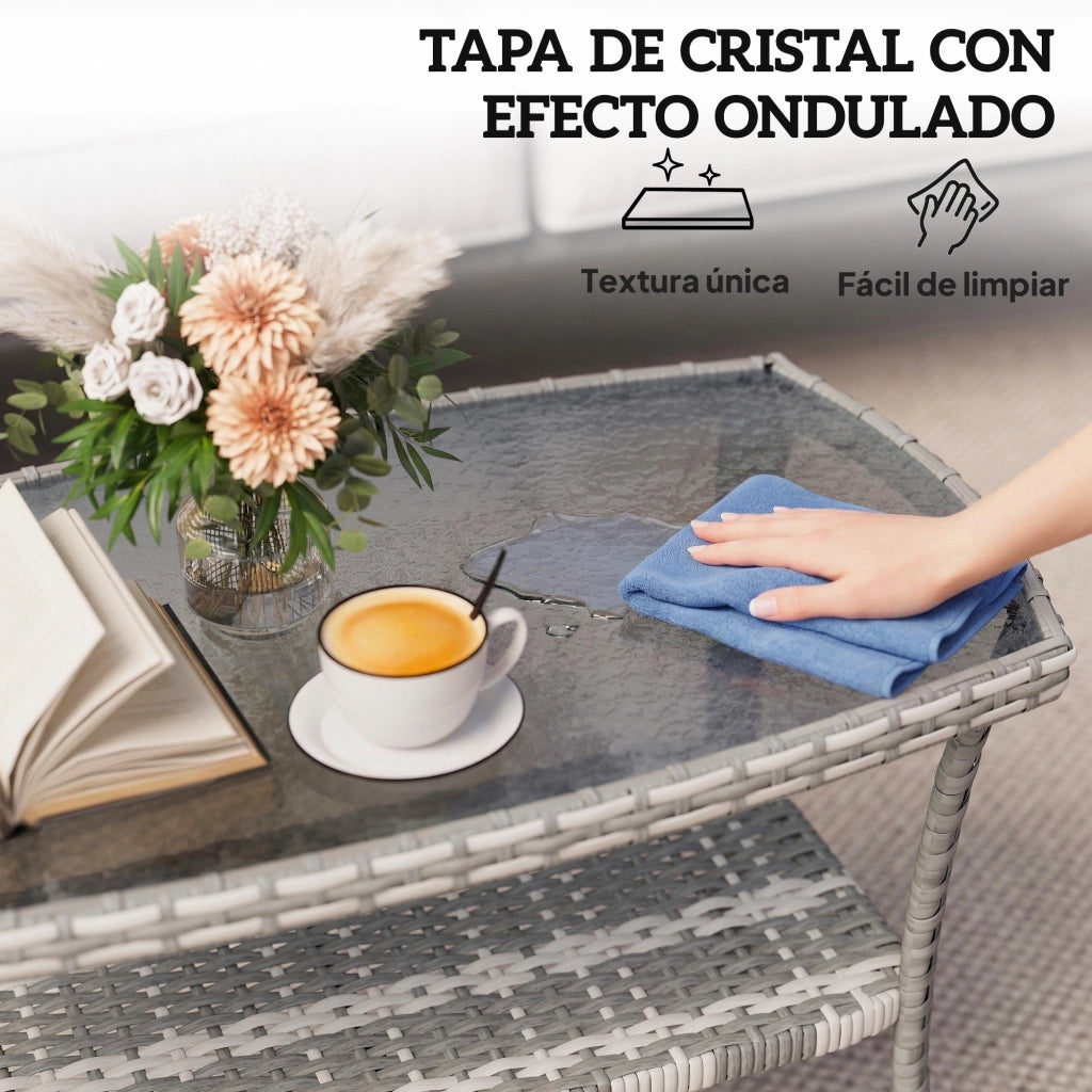 Tavolino da Giardino Rettangolare in Rattan con Ripiano ¨C Xylo ¨C Vetro Temperato Grigio Antracite 90x50x45cm