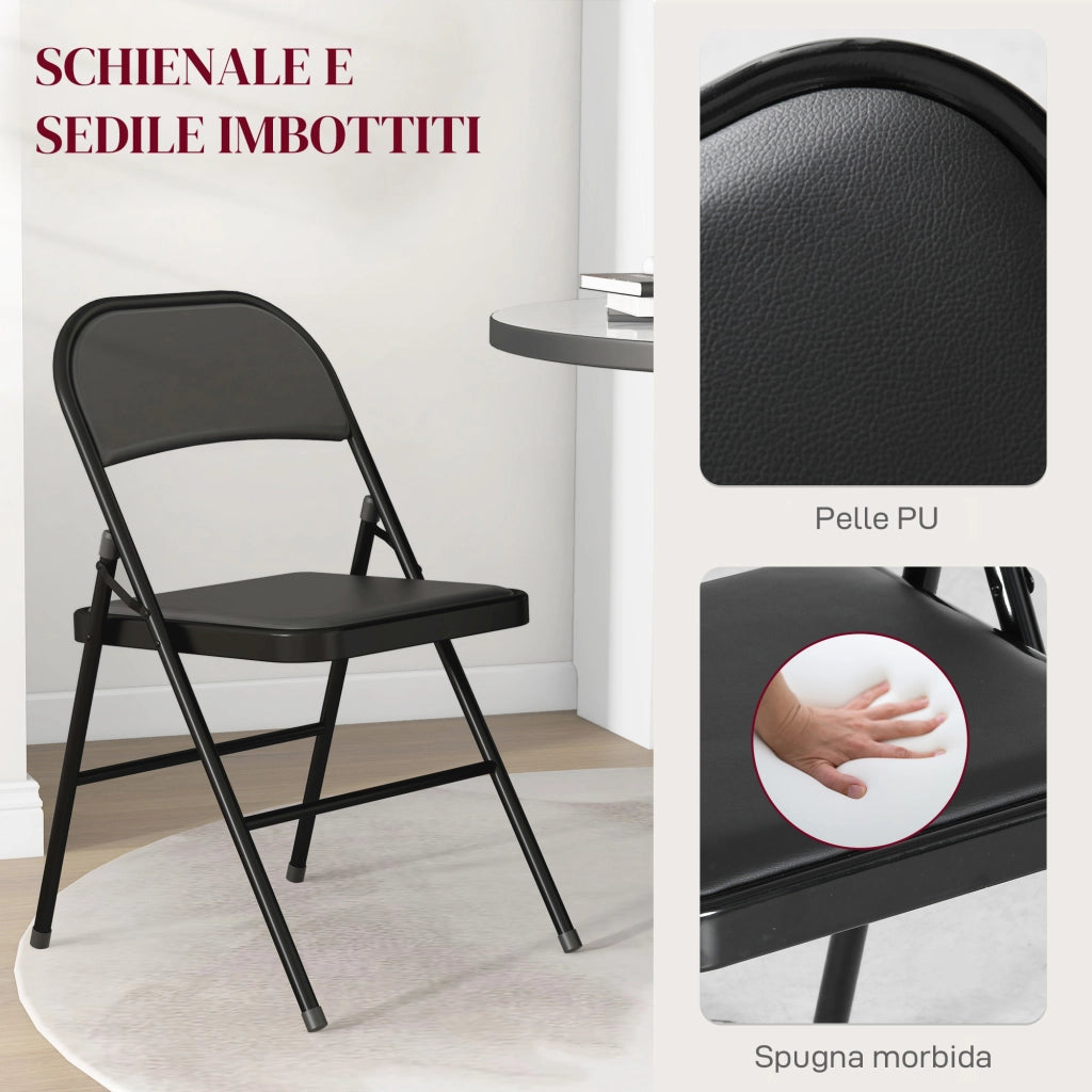 Set 2 Sedie Pieghevoli Imbottite 45x46x78 cm in Finta Pelle PU e Metallo Nero