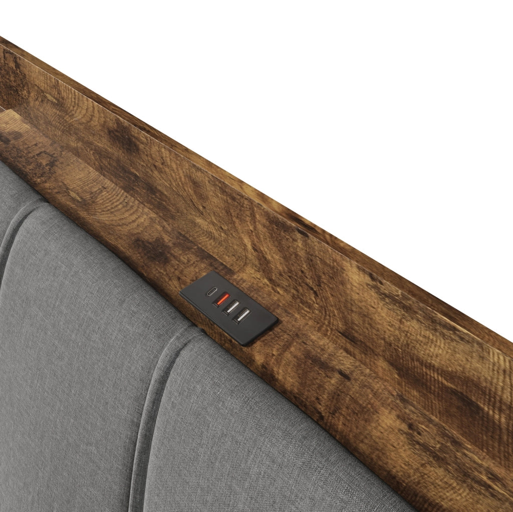 Letto matrimoniale imbottito 180x200 cm in lino grigio con contenitore; USB e LED
