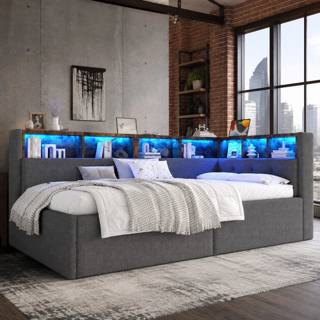 Letto da giorno 90x200 cm grigio con LED, USB e vano idraulico